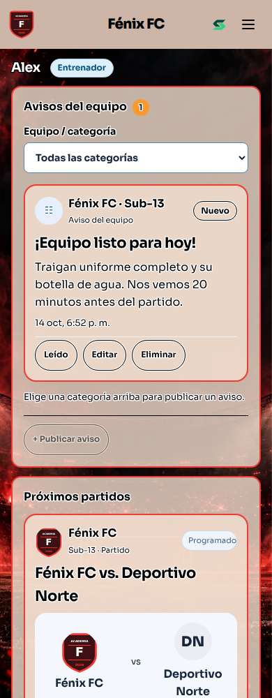 Ejemplo de pantalla de Sportenio personalizado para Fénix FC